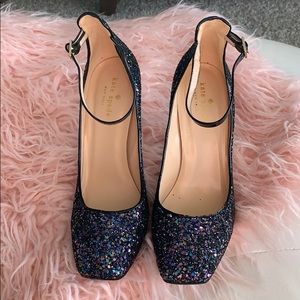 KATE SPADE Black Glitter Ankle Strap Heels